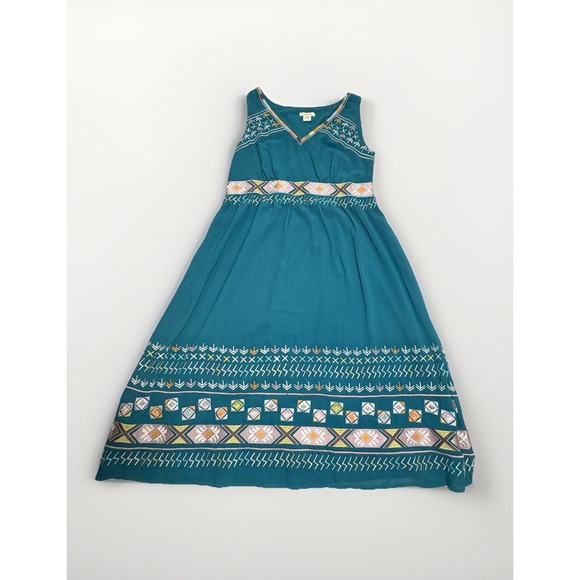 Sundance Dress Women's Size 12 Teal Aztec Embroidered Sleeveless Midi Boho Sheer - Picture 2 of 9